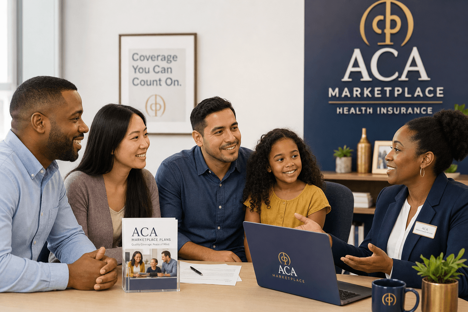Diverse family consulting a Black insurance agent about ACA marketplace plans
