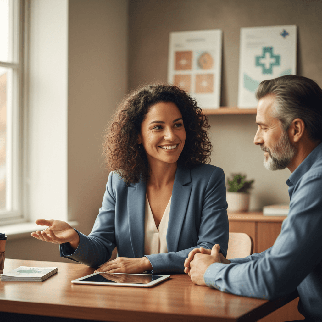 Insurance agent consulting with client one-on-one