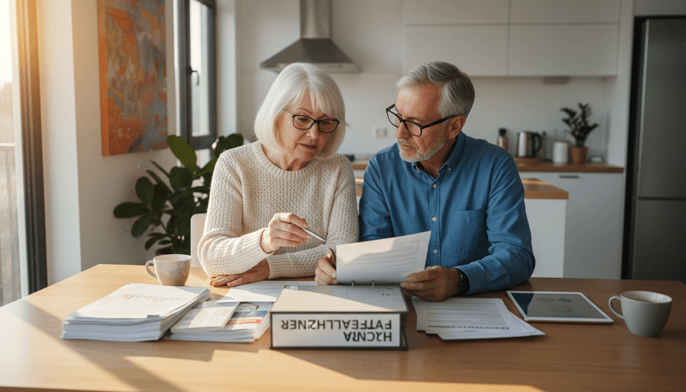 Senior couple reviewing insurance documents together at a bright kitchen table