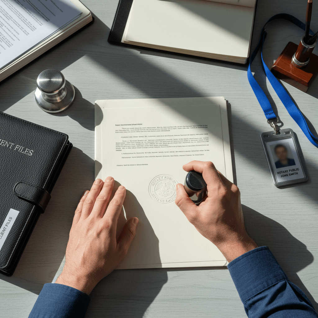 Notary public workspace with official seal and organized documents