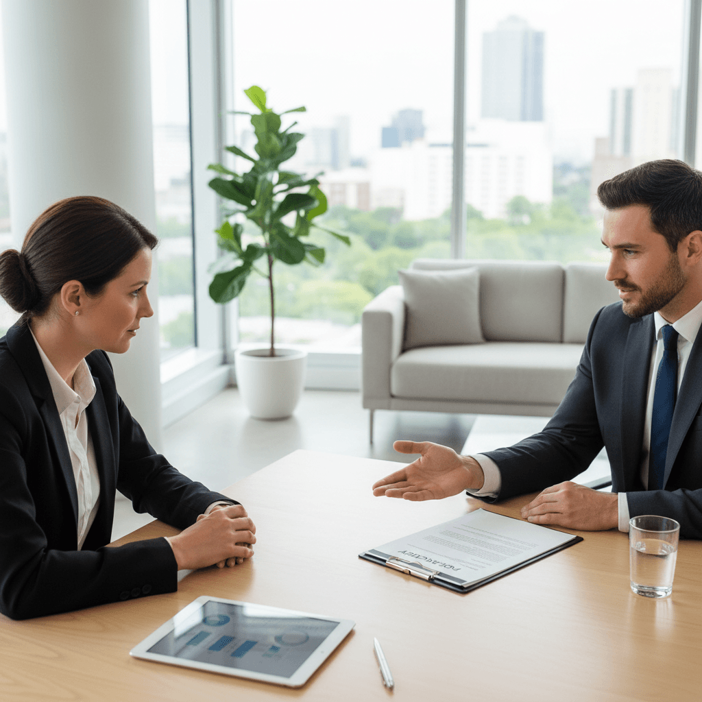 Insurance agent pointing at a document while explaining it to a client