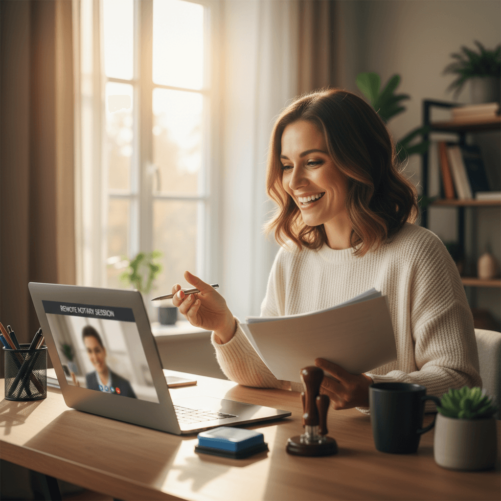 Woman completing remote notarization via video call on her laptop