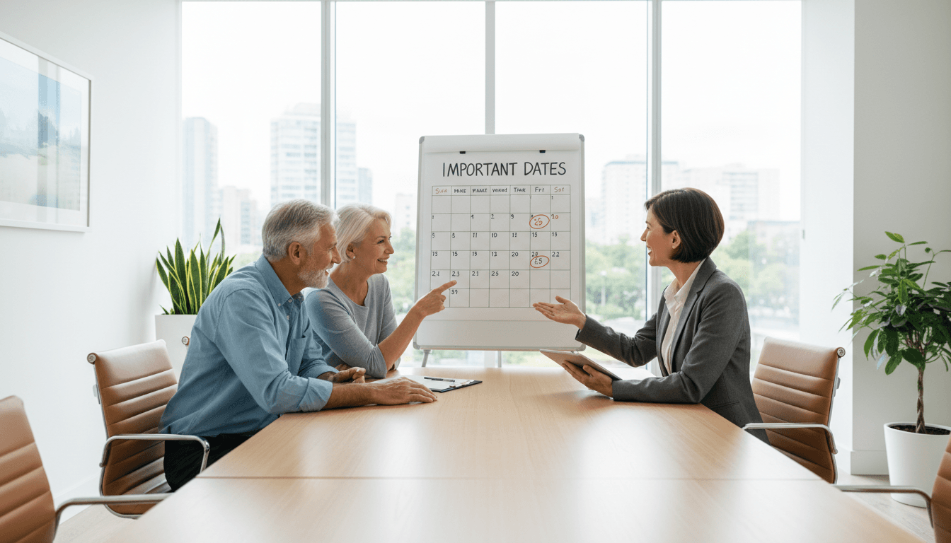 Senior couple reviewing a calendar with a licensed insurance agent