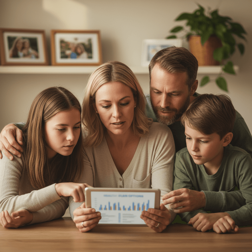 Family reviewing health insurance coverage options together on tablet