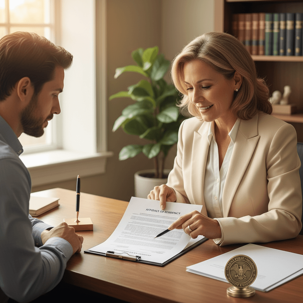 Notary public reviewing document details with a client