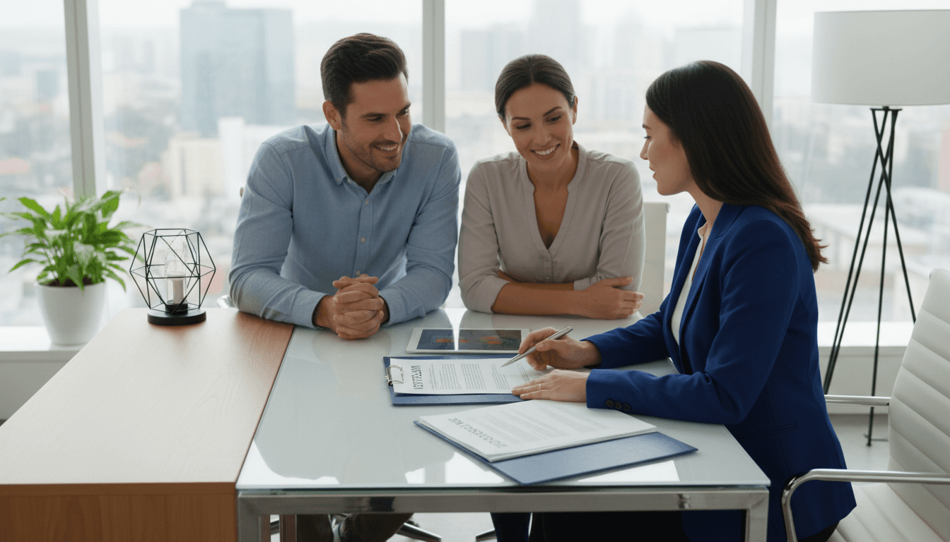 Professional insurance agent explaining policy documents to a couple at a bright modern desk