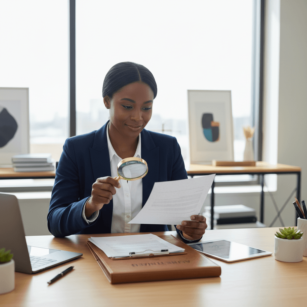 Person of color authenticating documents at a modern office desk with professional demeanor.