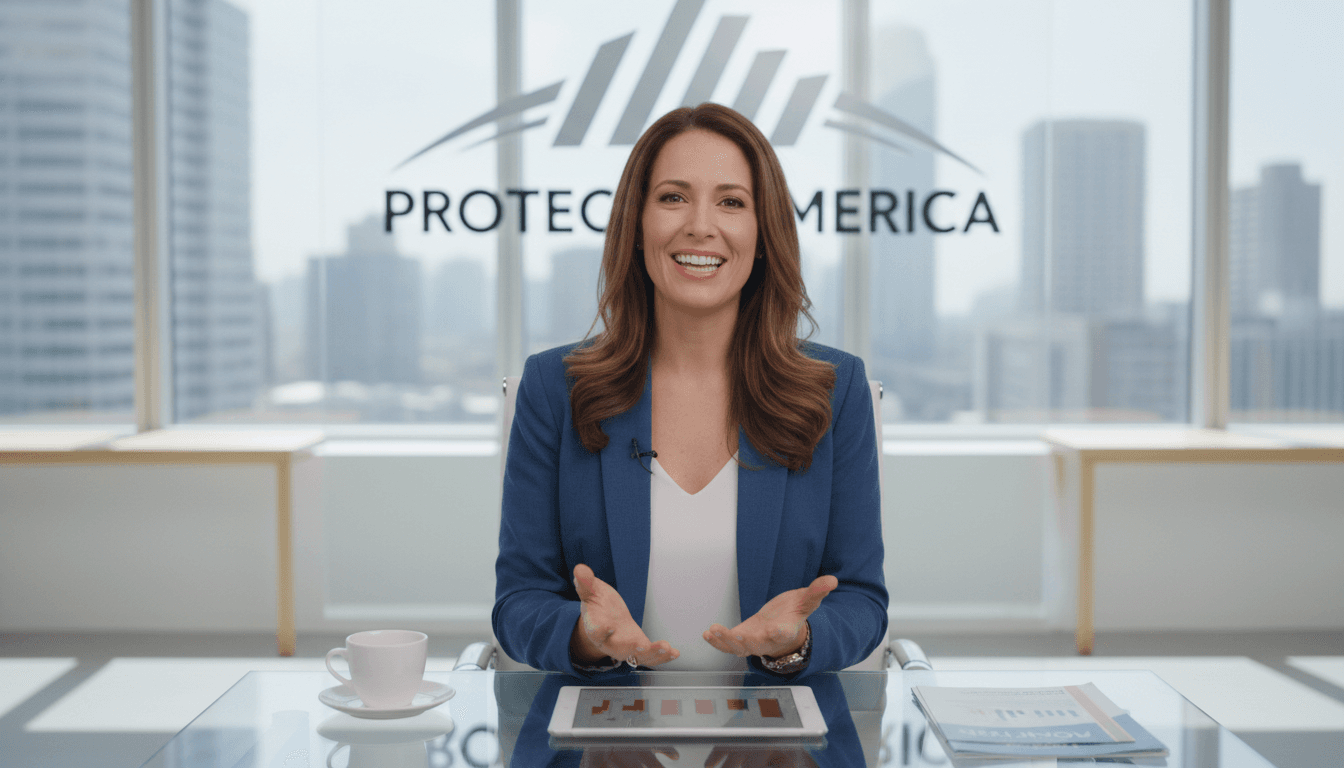Friendly insurance agent recording a short video in a bright, modern office studio