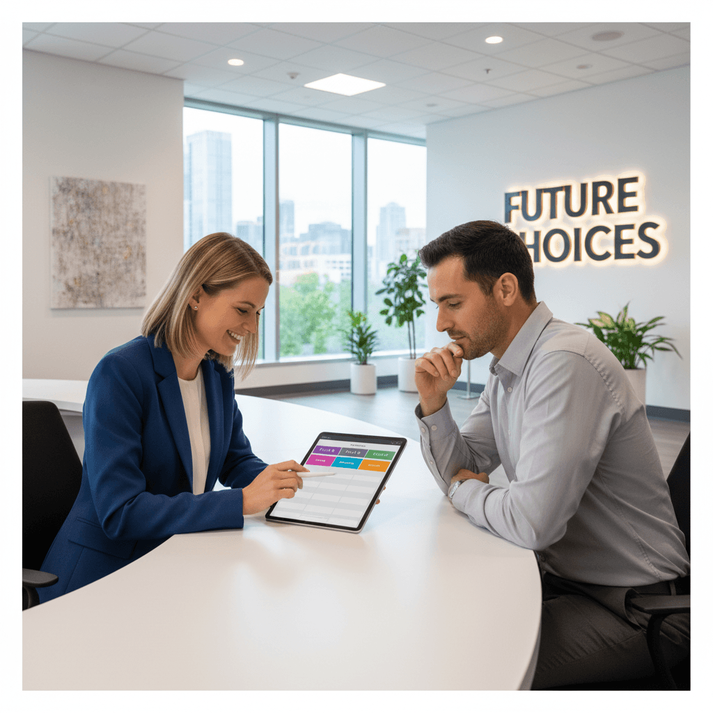 Insurance agent helping a customer compare options on a tablet