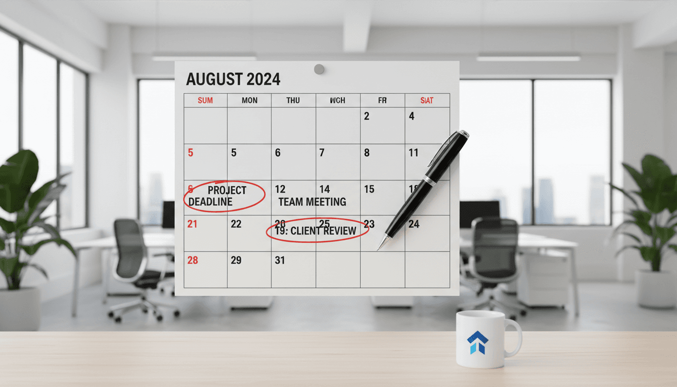 Calendar with important dates marked and pen in bright modern office