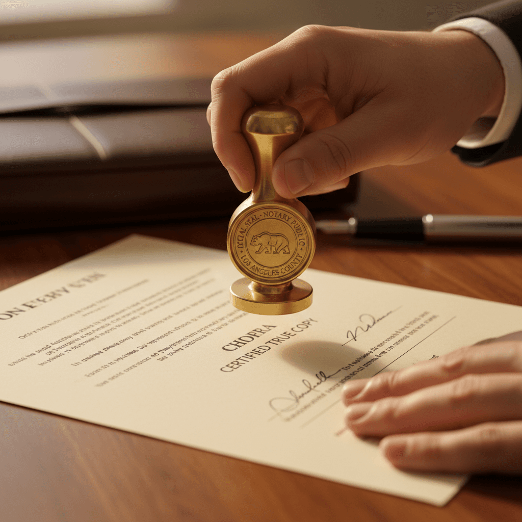 Notary public stamping a document with an official seal