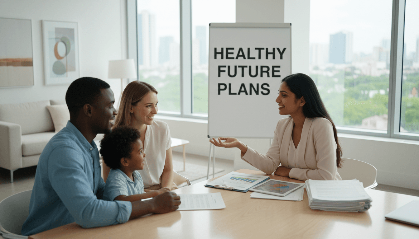 Diverse insurance agent explaining health plan paperwork to a smiling young family in a bright modern office