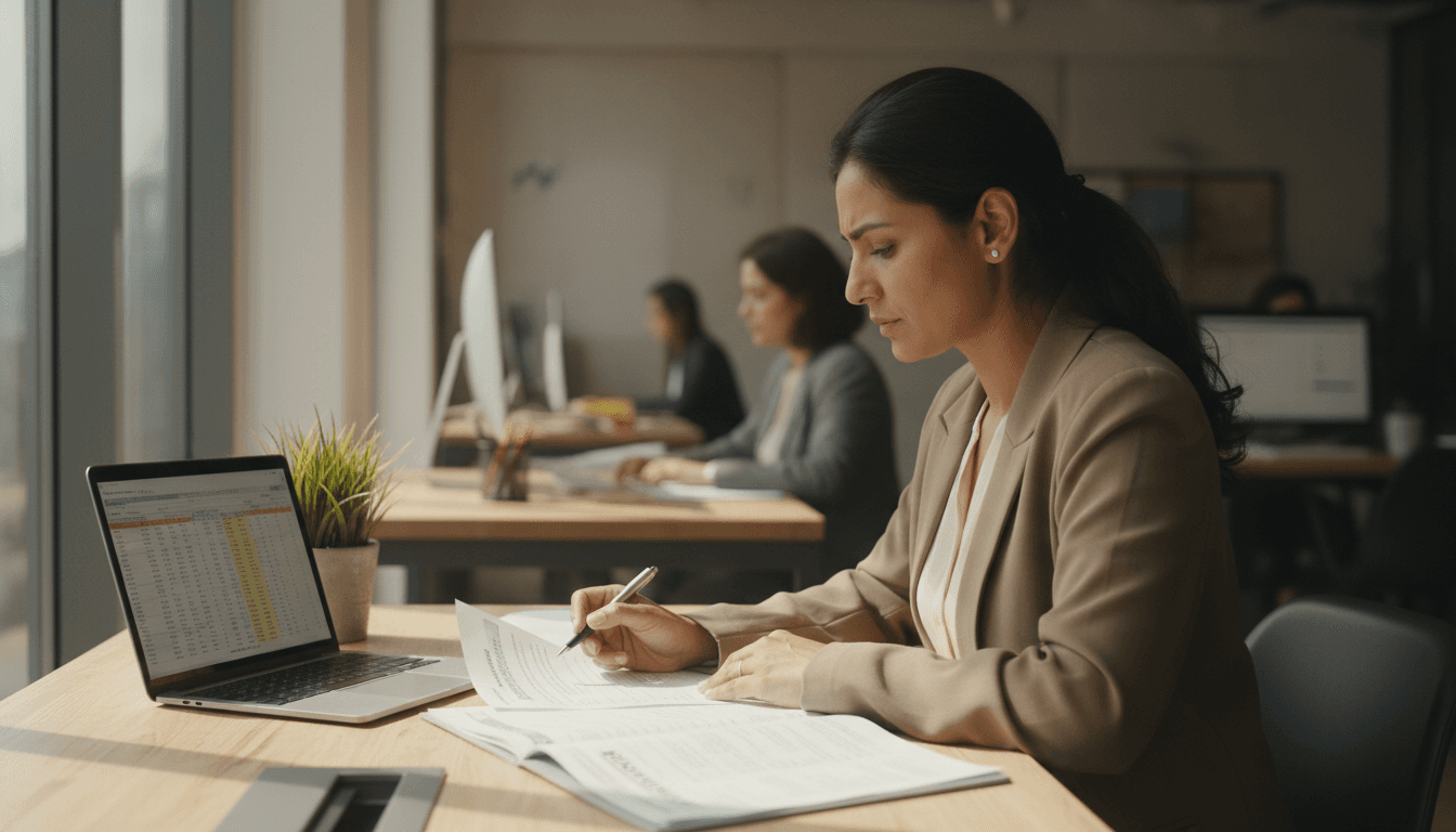 Professional woman reviewing insurance documents at her desk