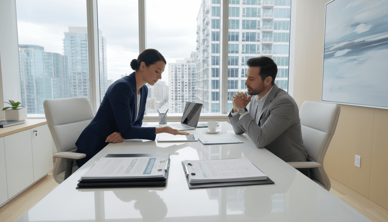 A friendly insurance agent in a bright office explaining a policy document to a client