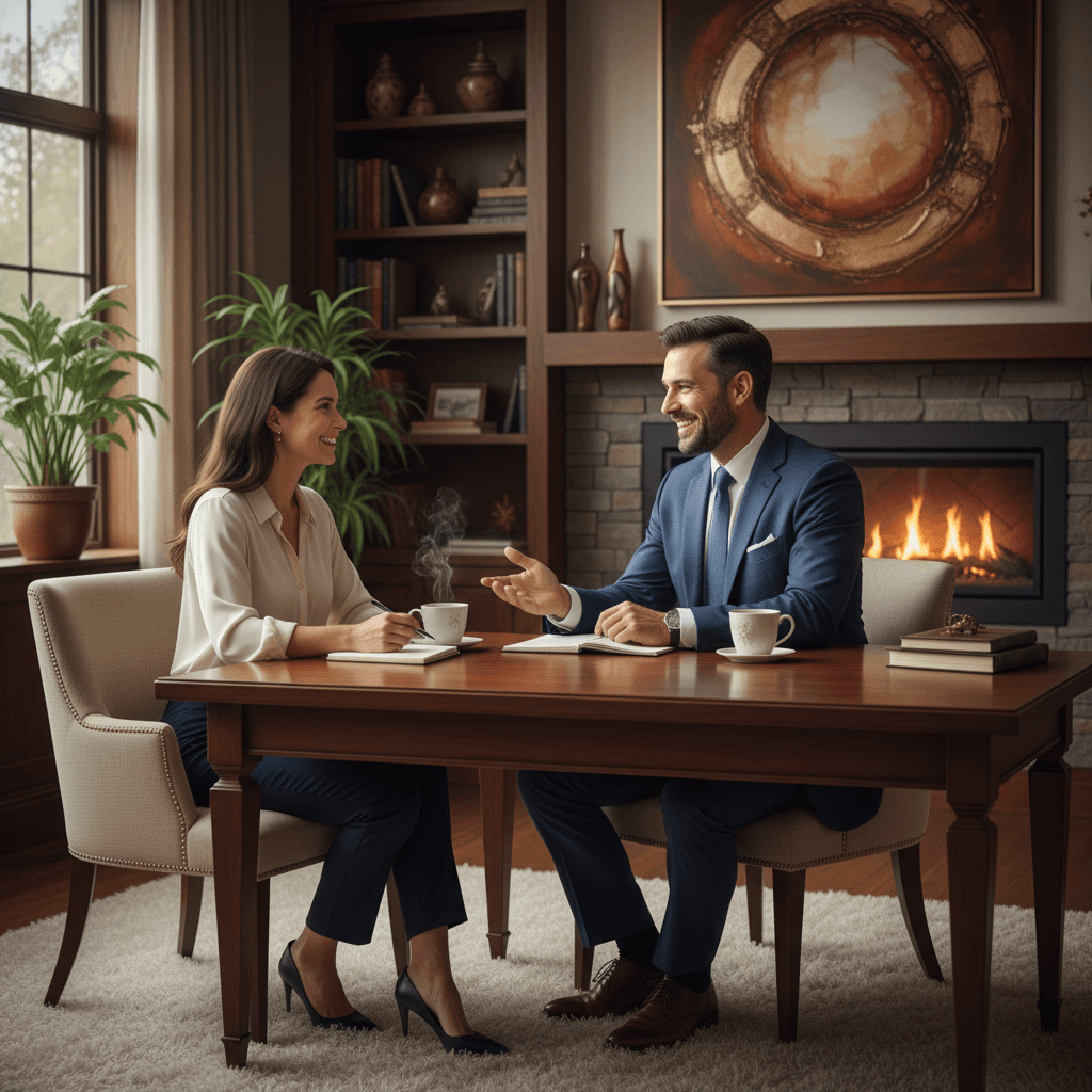 Insurance advisor talking with a client at a desk