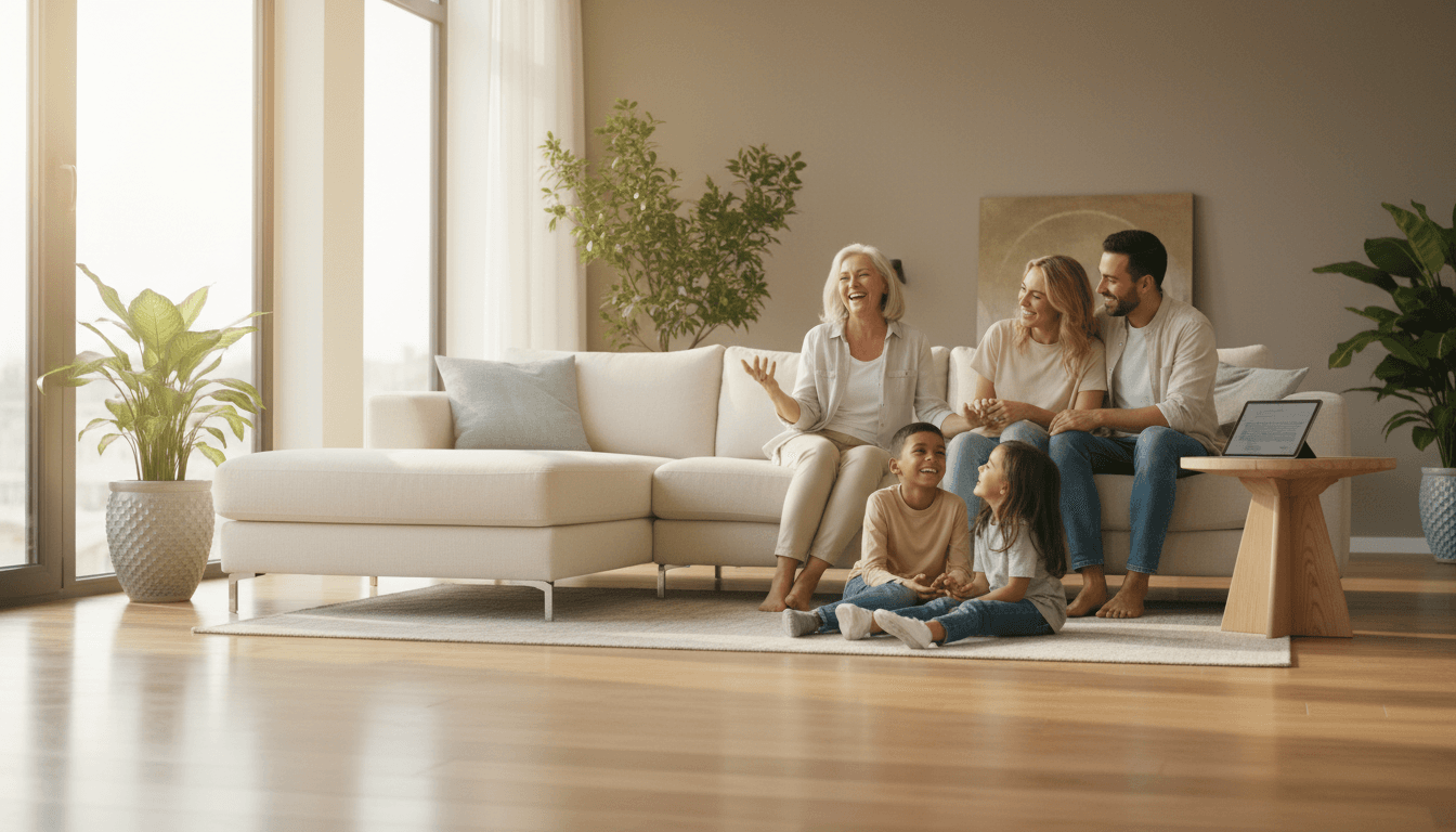Family sitting together in living room, representing protection and coverage