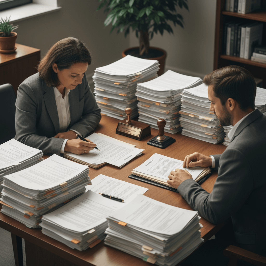 Notary and client reviewing loan documents at a closing table