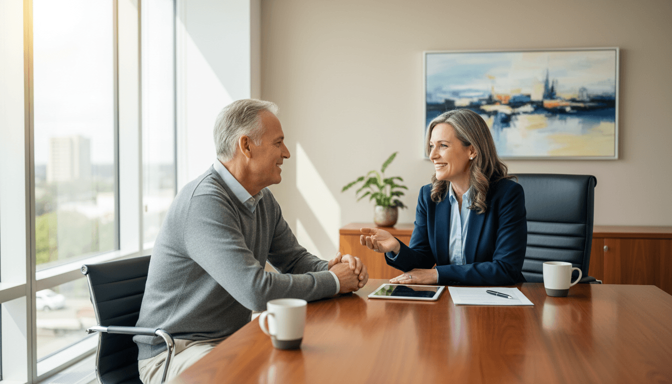 Professional insurance agent having a warm conversation with a client at a desk in a bright office