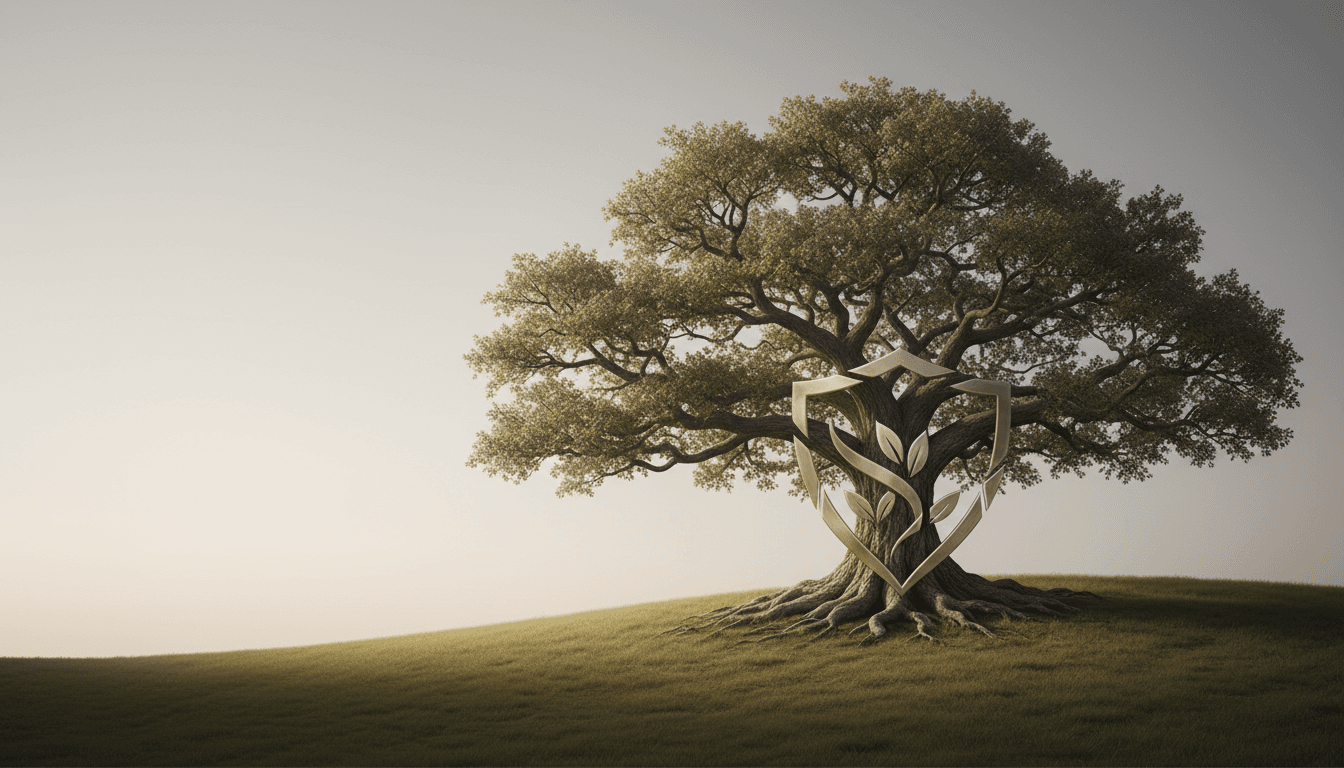 Oak tree with a shield motif on a neutral background conveying security and stability.