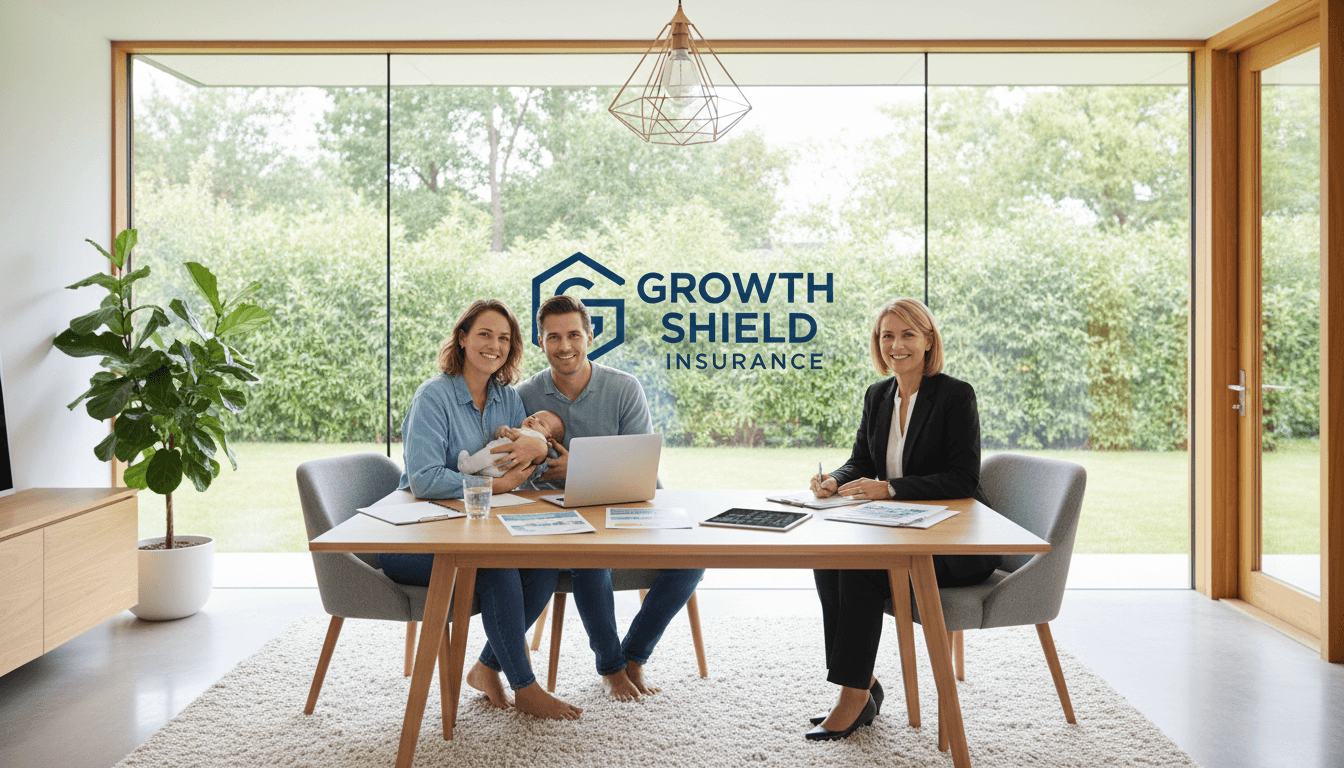 Happy young family with a new baby talking with an insurance agent at a bright modern home office