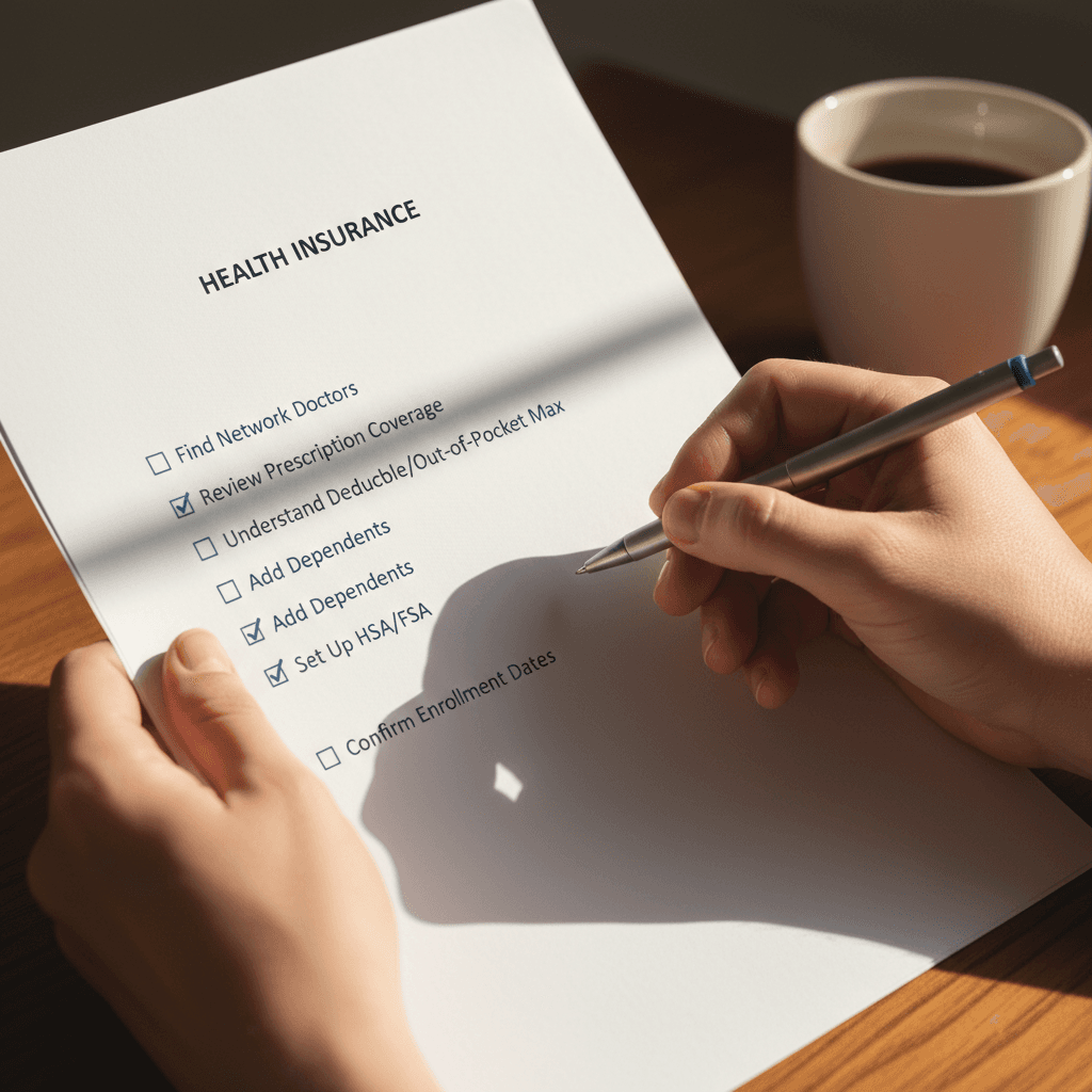 Hands marking items on a 2026 enrollment checklist