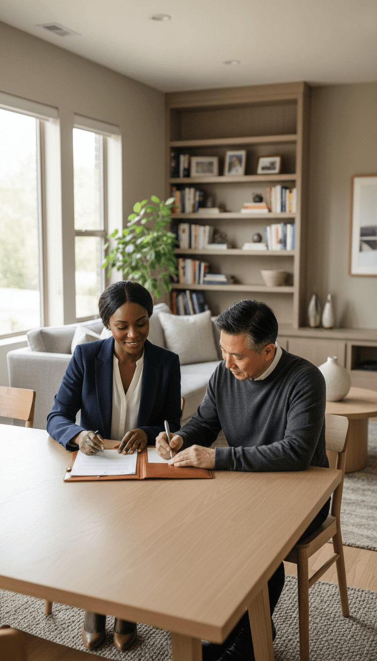 Notary professional meeting client at home or business location for document signing