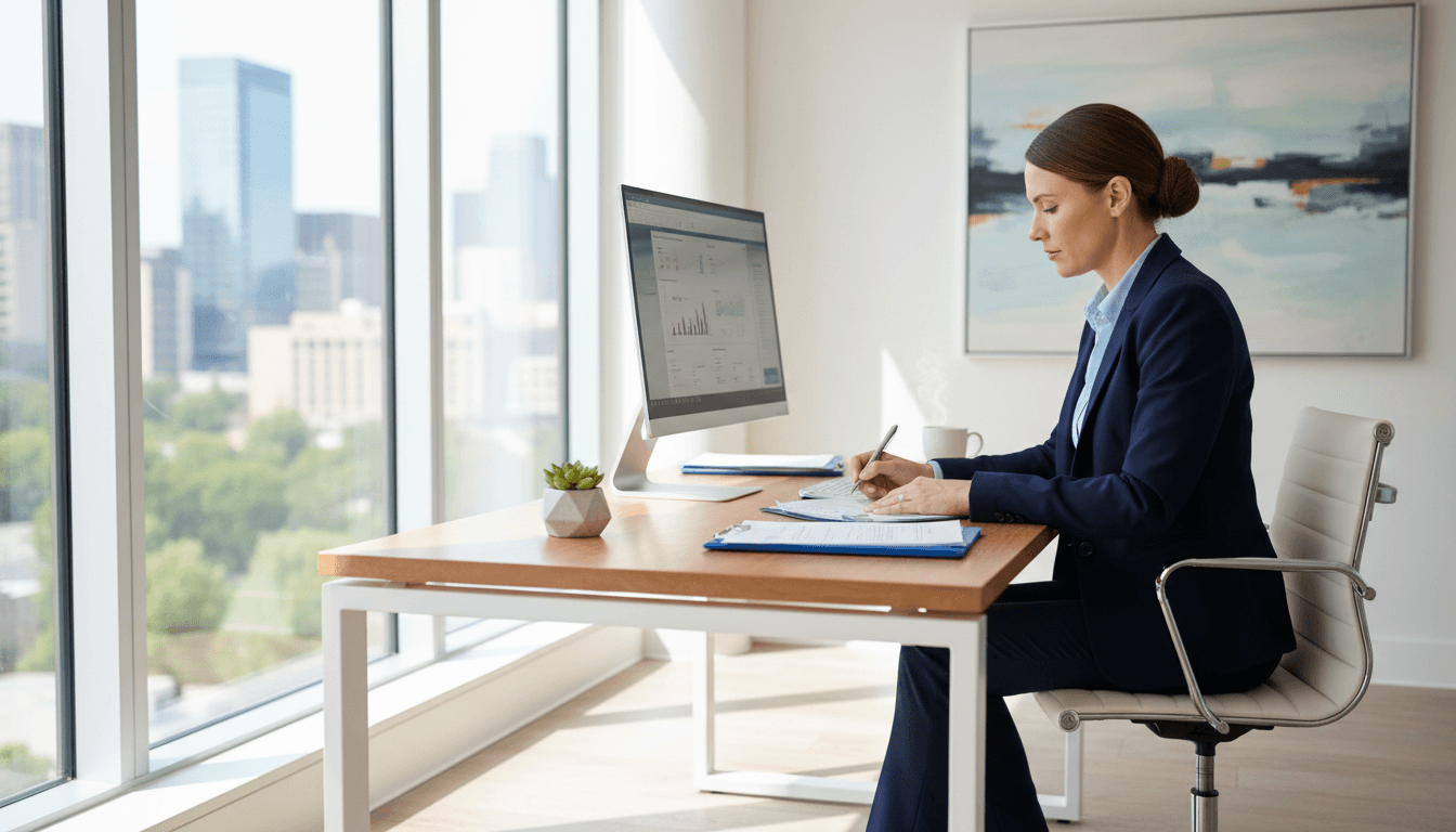 Professional insurance agent reviewing documents at a bright, modern desk