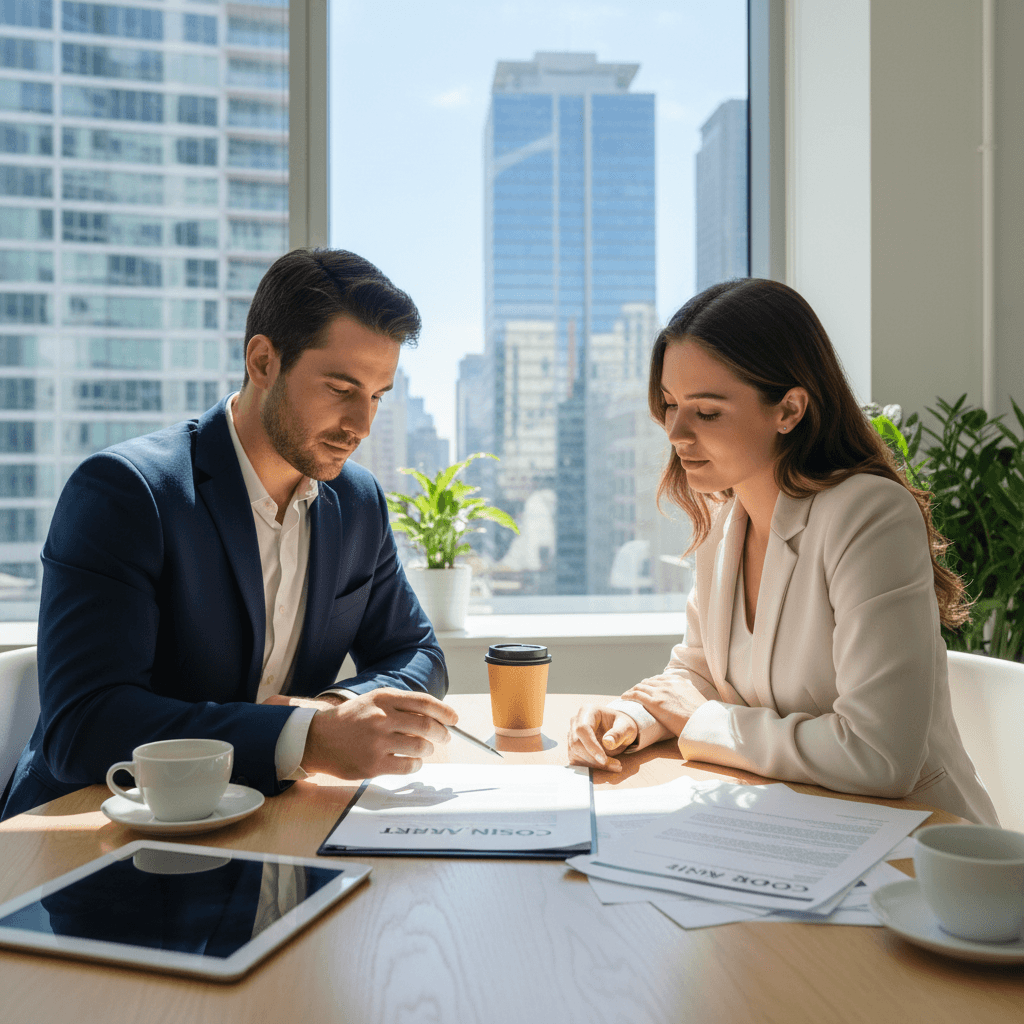 Two people reviewing insurance paperwork together at a desk