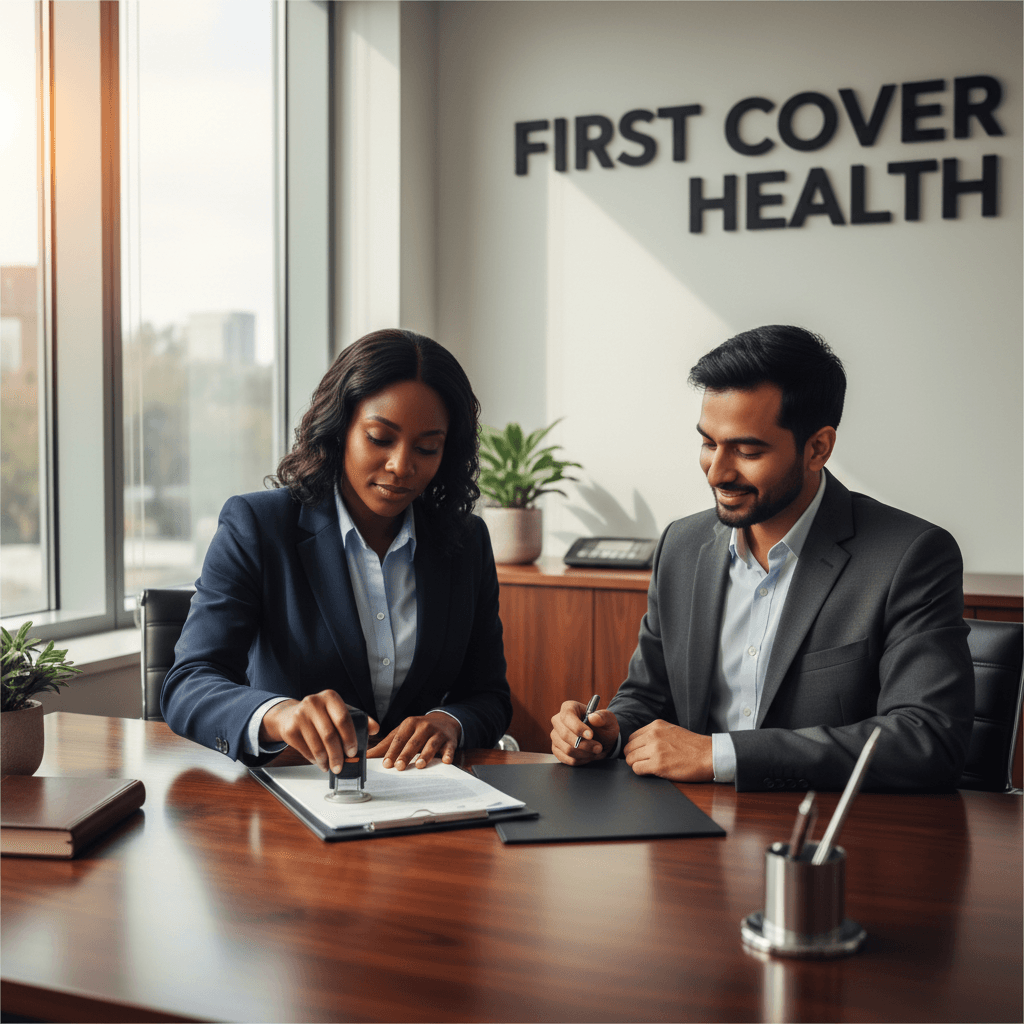 Person of color notarizing a document in a professional office setting