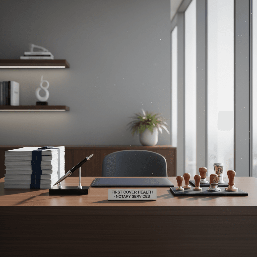 Notary public workspace with official seal and organized documents
