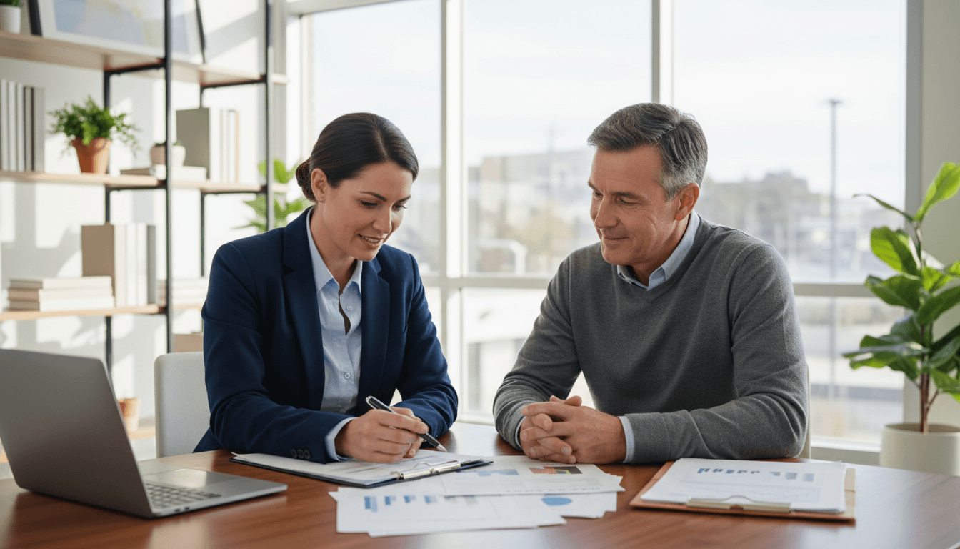 Senior couple reviewing Medicare options with a friendly insurance agent in a bright office