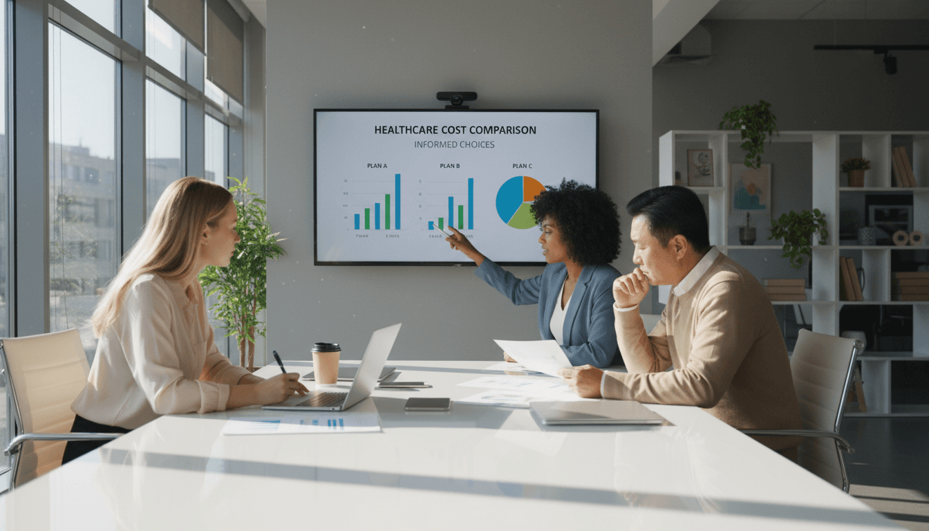 Diverse team reviewing health insurance comparison data and rate charts during collaborative consultation meeting in modern office.