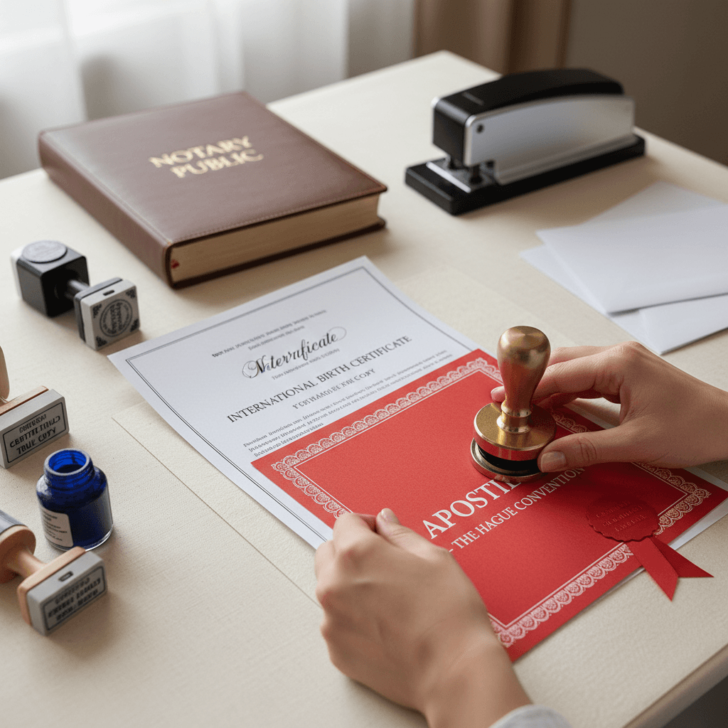 Notary's hands preparing apostille certification with official seal and stamp on desk