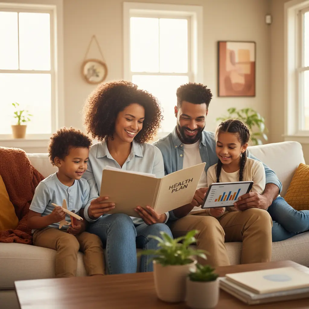 Smiling family sitting on a couch reviewing a health plan folder and digital tablet.