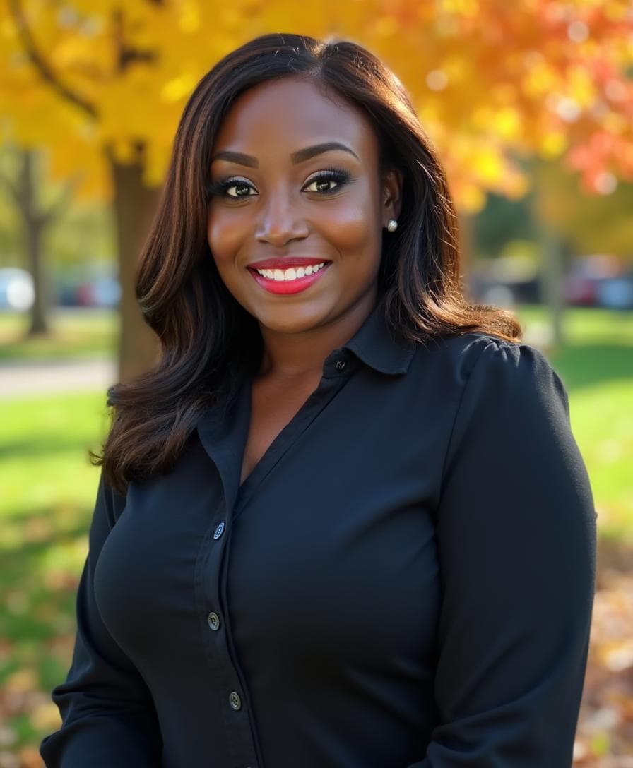 A smiling Black woman with long dark hair stands before a blurred autumn background.
