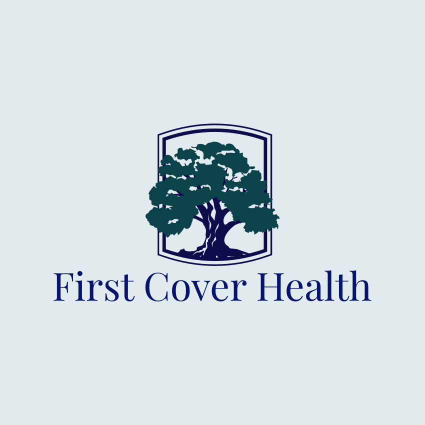 First Cover Health logo featuring a green oak tree inside a blue shield-shaped frame.