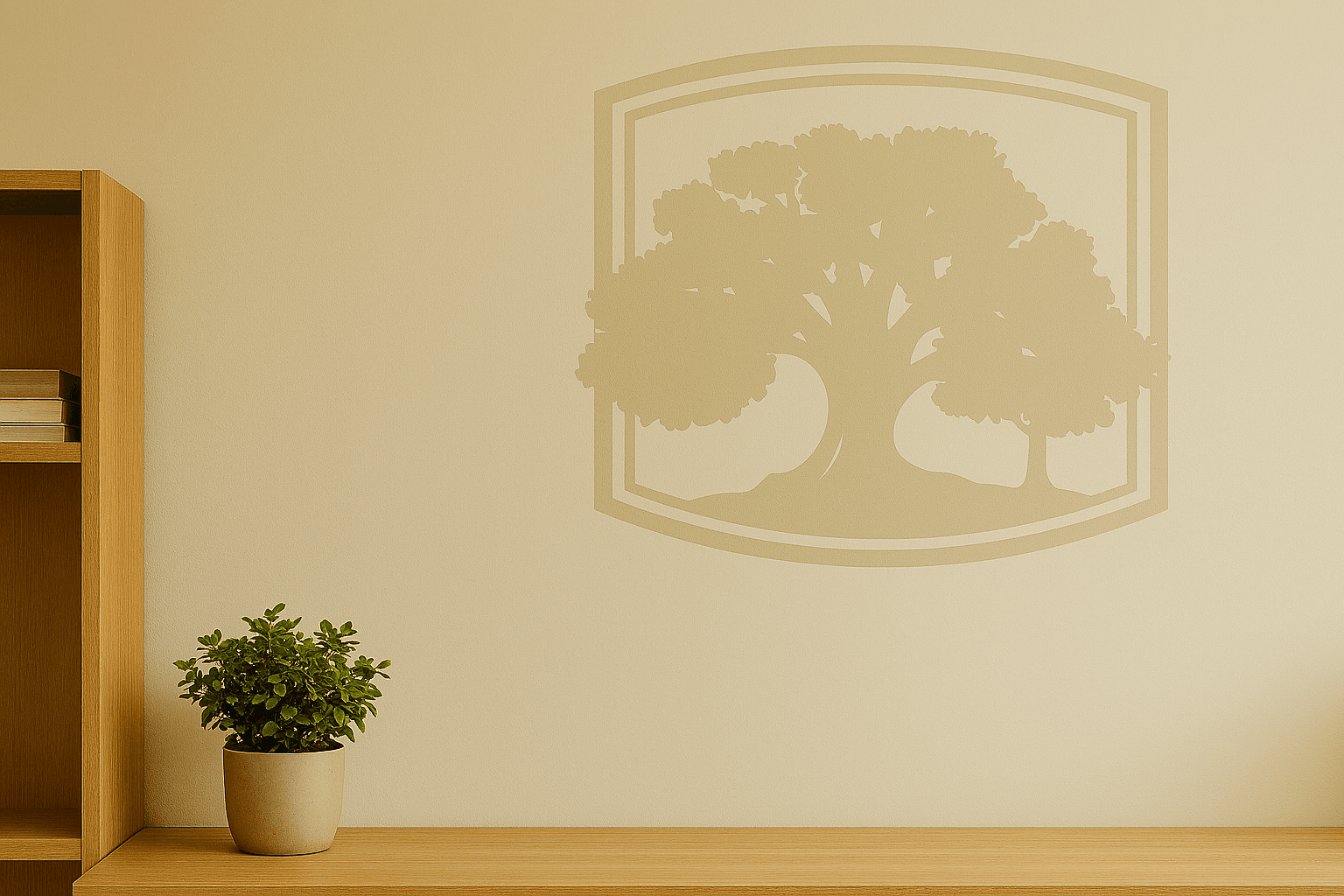 Oak tree shield logo on beige wall above a potted plant and wooden shelf.